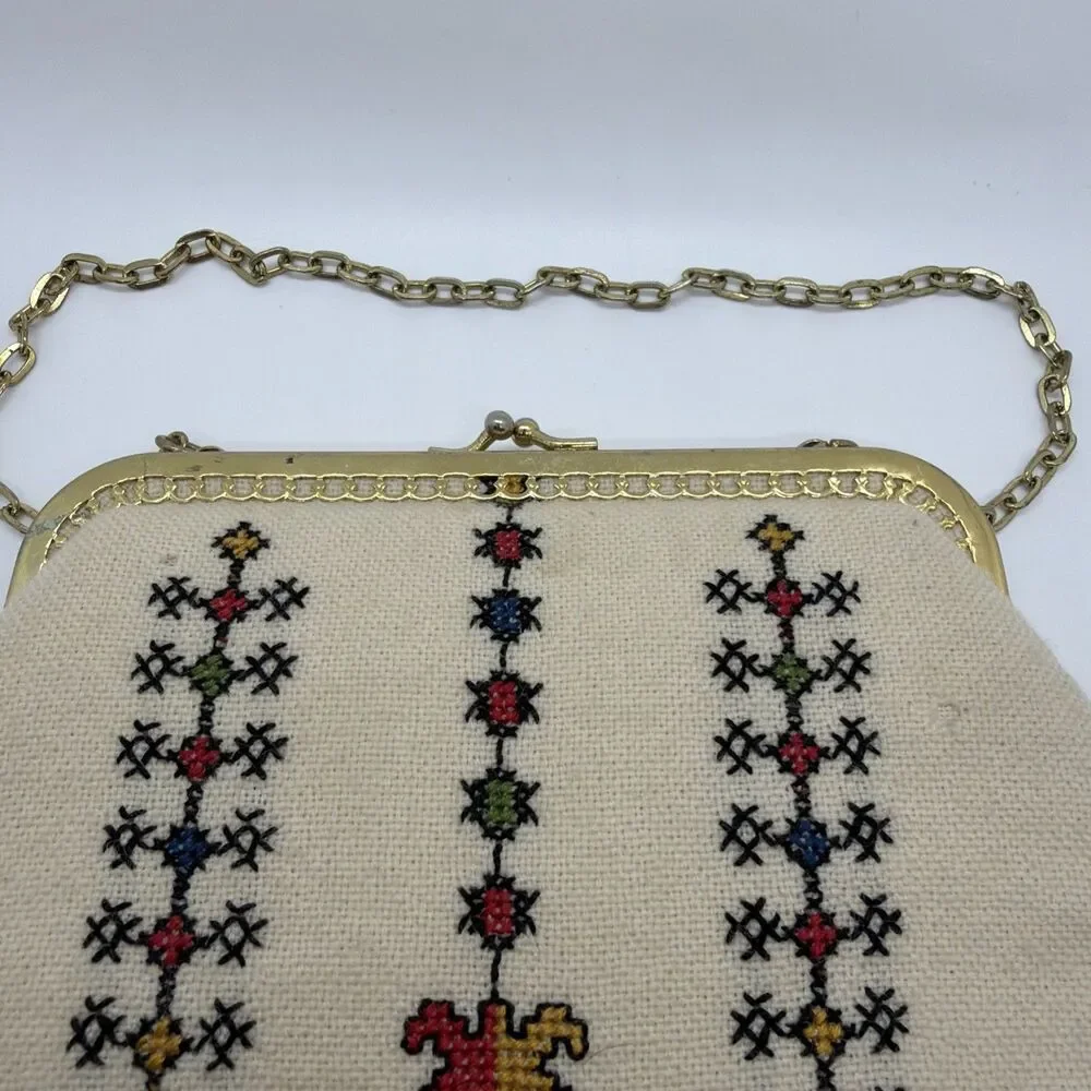 Vintage Embroidered Purse Cross Stitch Clutch Bag 1970s